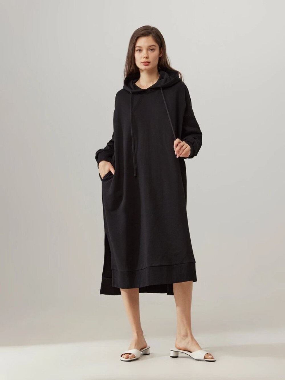 Sweaty Betty Women's Essentials Long Hooded Sweatshirt Dress in Black Size L